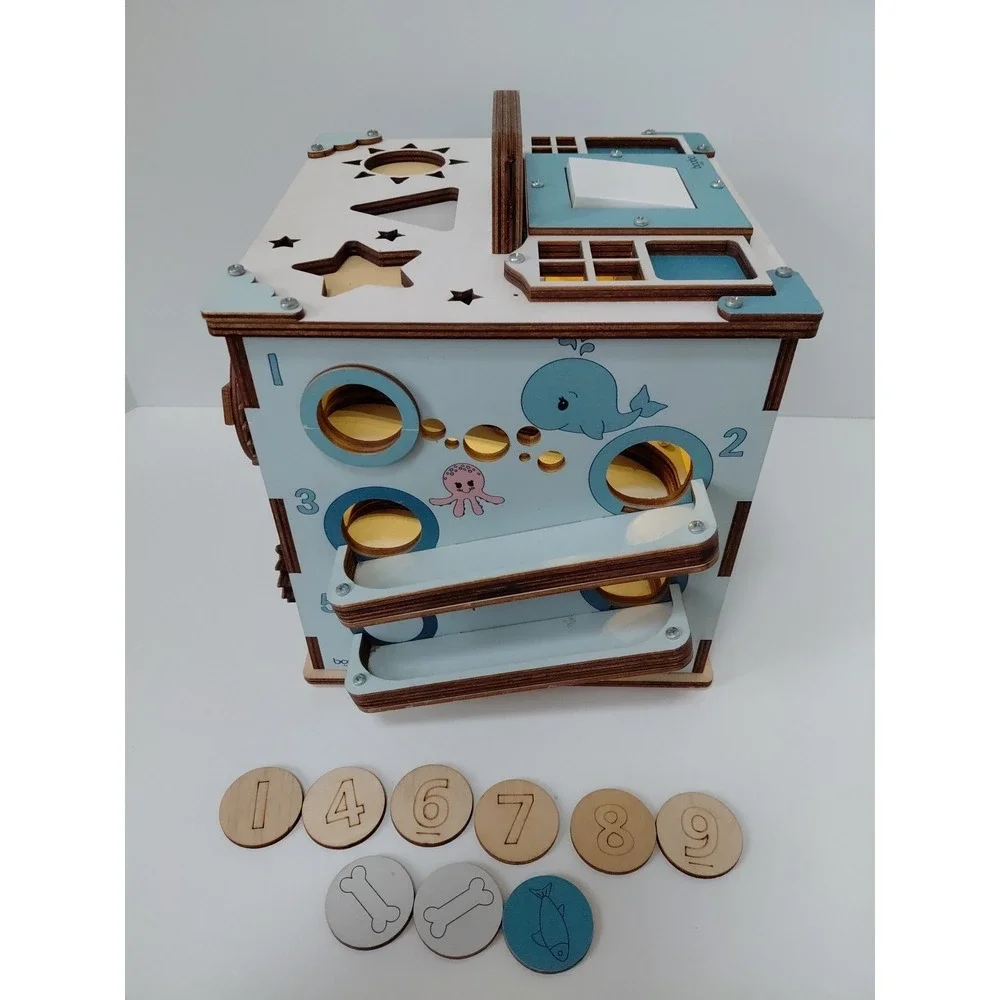 Boobo Toys Wooden Busy‎ Development Activity Cube Blue Undertones Size Medium
